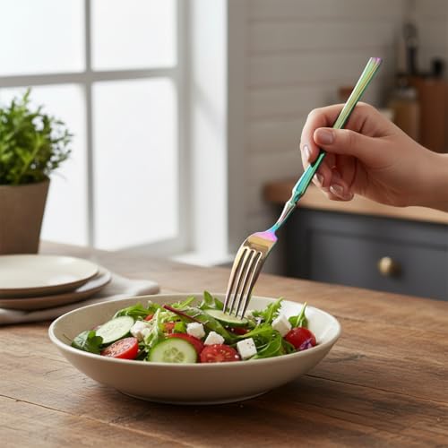 Image of 8 Pcs Rainbow Slim Handle Stainless Steel Cutlery Set for Dining Table with Spoons and Forks Set + Butterknives - The Perfect Tableware /Flatware