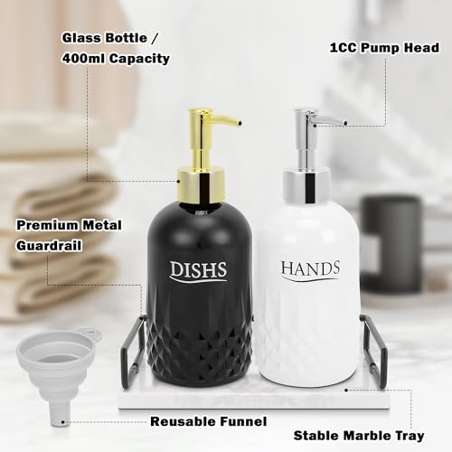 Image of Glass Soap Dispenser Set, Refillable Dish Soap Pump Dispenser, Kitchen Bathroom Counter Shampoo Conditioner Dispenser (with Marble Tray)