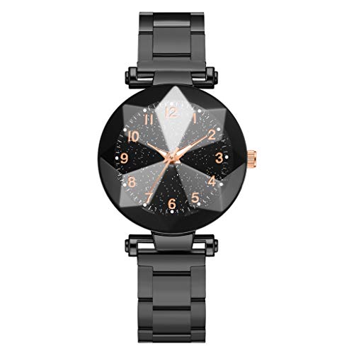 Ouneed- Montres Femmes?Luminous Mode Simple Cool Multi-Angle soulevé Cadran étoilé Dames Ceinture en Acier Montre à Quartz Noir Bande d'acier Smart Watch