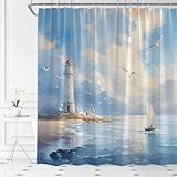 ASVEAS Nautical Lighthouse Shower Curtain Sailboat Coastal Ocean Beach Seagull Blue Sky White Clouds Fabric Bathroom Decor Set with Hooks(70" Wx70 H)