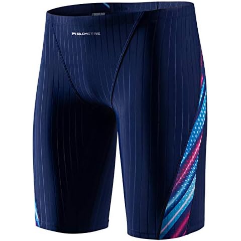 MY KILOMETRE Jammer Swimsuit Mens Solid Swim Jammers Endurance Long Racing Training Swimsuit Blue-neon M Cover