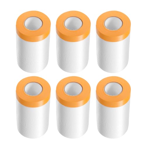 Image of HARFINGTON 6 Rolls Pre-Taped Masking Film 25.6 inch x65.6ft Tape and Drape Painters Plastic Drop Cloth Film with Tape Plastic Sheeting for Automotive Painting Covering