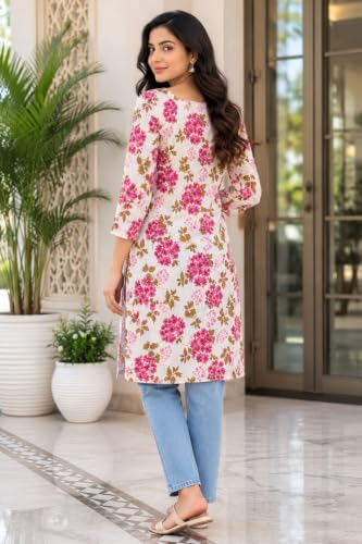Image of Women's Floral Print Straight Kurta, 3 /4 Sleeves, Pink