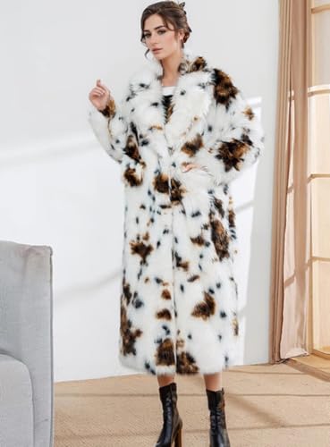 Shaggy Faux Fur Overcoat Long Sleeve Long Jacket,Fluffy Elegant Sweater, Women's Fashion Speckle WhiteOutwear2