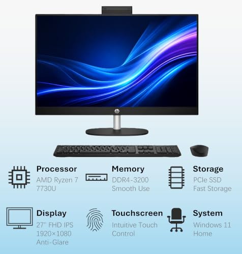 Image of HP 27-inch All-in-One Computer, AMD Ryzen 7 7730U, 16GB RAM, 1TB PCIe SSD, FHD IPS Touchscreen, Wi-Fi 6, USB-C, HDMI 2.0, Ethernet, Windows 11 Pro, for Business, Home Office & Everyday Productivity