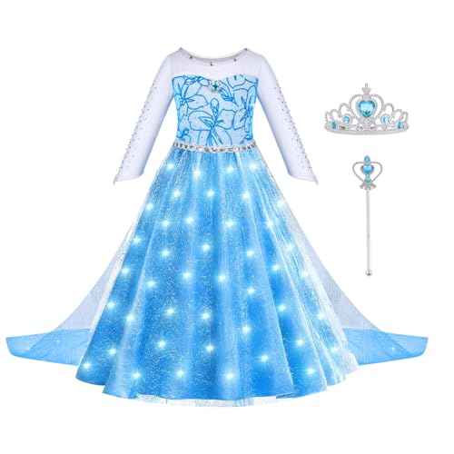 ACWOO LED Leuchtend Prinzessin Elsa Kleid, Elsa Kostüm Mädchen, Elsa Kleid Kinder Set mit Krone Zauberstab, Elsa Kostüm Accessoires für Weihnachten Verkleidung Karneval Halloween