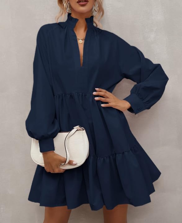 Fall Dresses for Women 2026 Blue Dress for Women Low Neck Ruffle Tiered Swing Mini Dress Womens Dresses Fall Dresses - Image 2