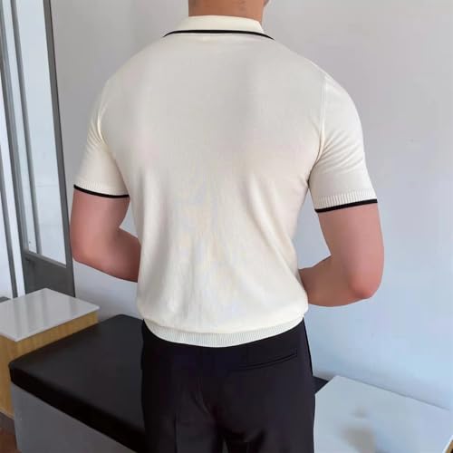 Men Short Sleeve Turn-Down Collar Patchwork Soild Casual Knitted Sweaters3