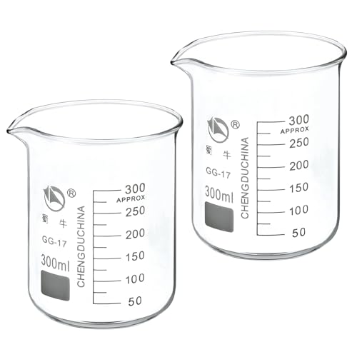 YOKIVE 2 Pcs Low Form Glass Beaker, Laboratory Use Liquid Measuring Cup, Great for Lab, Kitchen, Daily Use (Clear, 300ML)