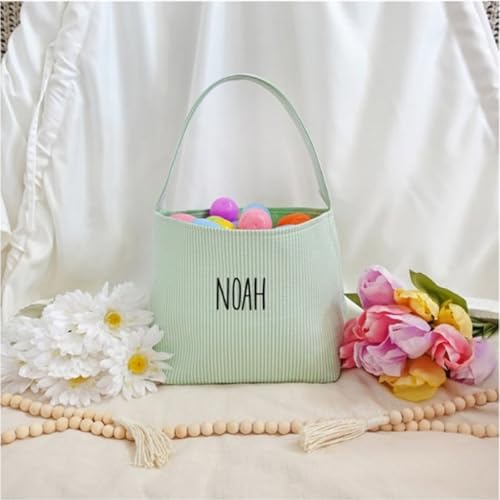 Custom Seersucker Easter Baskets,Personalized Basket for Easter,Kids Easter Basket,Gingham Basket,Embroidered Name Gift Baskets for Kids Babies Boys/Girls (Fluorescent Green)