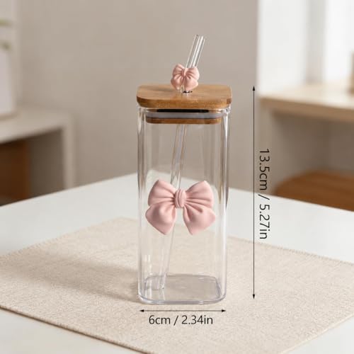 Image of FUNKYFINDS 1 Set Coquette Pink Bow Glass Cup with Bamboo Lid and Bow Straw for Women, Coquette Drinking Tumbler Bow Square Cup for Girlfriend Besties Women Bithday Gifts, Party Favors