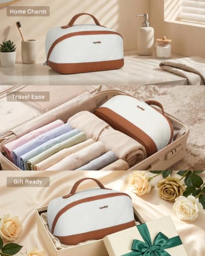 Image of Hynes Eagle Travel Makeup Bag for Women Puffy Cosmetic Organizer Pouch Open Flat Toiletry Bag for Toiletries Brushes Structured Base White