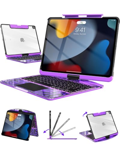 Image of Wireless Keyboard Case for iPad 9th (7th, 8th, and 9th Gen) 10.2 Inch, Transparent Protective Cover with 7-Color Backlit Keyboard, 360 Rotating Stand, Multi-Touch Trackpad and Pencil Holder, Purple