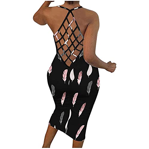 Women Summer Bodycon Dresses, Trendy Floral Print Halter Backless Fishnet Sundresses Party Ball Gown Club Night Dress