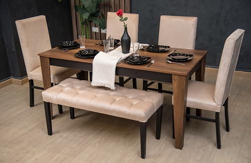 سفرة طعام 6 مقاعد – طاولة MDF مع 4 كراسي وبانكت بتنجيد قطيفة فاخر لون بني و أسود