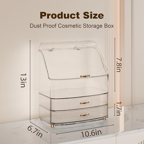 Image of Makeup Organizer Countertop Vanity with Transparent Lid Drawers Waterproof Dustproof Cosmetic Skincare Bathroom Storage Gift for Women Teens Girls (Clear Whtie)