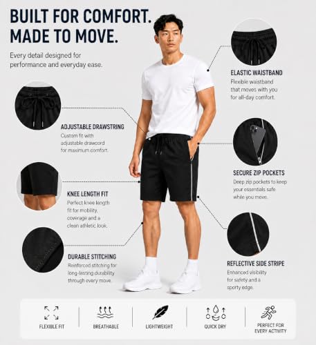 Image of Shorts Pant for Men |Cotton Hosiery Regular Fit Half Pant for Man with 2 Side Zip Pockets | Solid Side Stripe Design, Black, Navy, Dark Grey, M-4XL, Men's Shorts | Knee Length