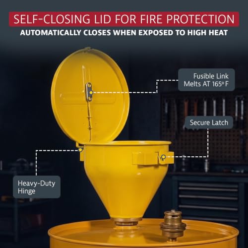 Image of Justrite Drum Funnel for Flammables, Self-Closing Cover, Yellow,Made in USA