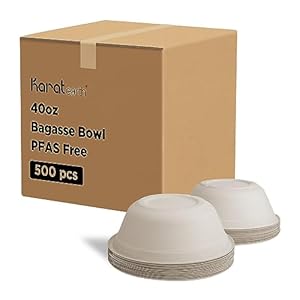 KARAT EARTH PFAS Free Bagasse Round Bowl, Druable and Microwaveable, Natural color – 500 pcs (40oz)