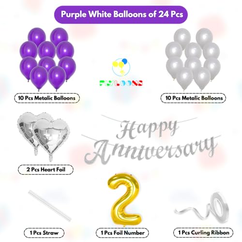 Image of Flyloons 2nd Happy Anniversary Decoration Items Purple for Men Women Husband Wife Mom Dad Parent Couple Home Bedroom Car With 20 Pcs Metallic Balloons Anniversary Banner 2 Pcs Heart Set Kit