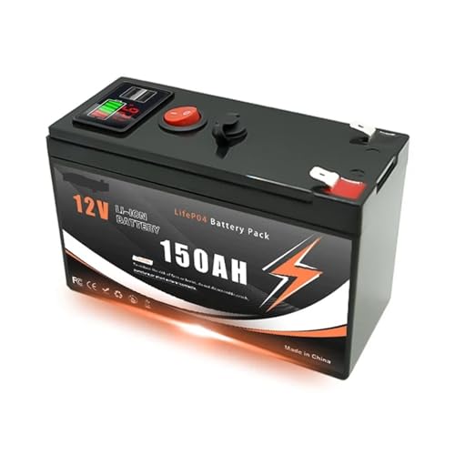 Batería de litio LiFePO4 de 12 V y 150 Ah con BMS integrado for carga solar, ideal for sondas de pesca, camping y uso fuera de la red eléctrica. Incluye puerto USB.(150Ah)
