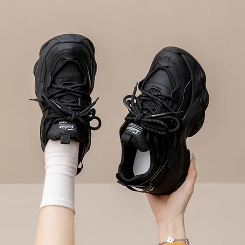 Womens Fashion Leather Chunky Platform Lace Up Height Increase Sneakers Casual Non-Slip Round Toe Running Gym Walking Dad Shoes3