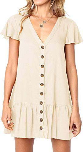 Image of Imysty Womens Polka Dot V Neck Button Down Ruffles Loose Mini Short T-Shirt Dress