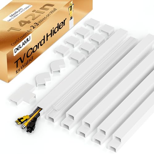Delamu TV Cord Hider Wall, 142in Cable Hider, Cord Covers for 2-3 Wires on Wall, Paintable Wire Hiders Wire Covers for TV Cords on Wall, TV Cord Hider for Wall Mounted TV, 0.95in W x 0.55in H, White