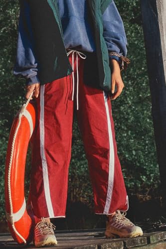Casual Loose Drawstring Barrel Pants for Women Lightweight Baggy Contrast Color Workout Y2k Track Pants Red S2