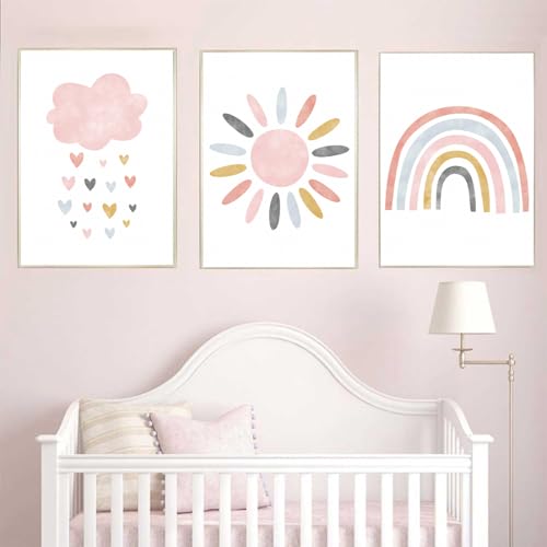 Juego de 3 Cuadros de Tela 21x30cm, Pósteres Arcoíris Nubes Sol para Habitación Infantil, Láminas Decorativas Sin Marco para Niños y Niñas
