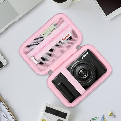 Image of Hard Travel Case for Sony ZV-1F / ZV-1 / ZV-1 II Digital Camera, Vlogger Camera Storage Holder Travel Bag with Zipper Mesh Pocket for Battery Pack, Charging Cable, USB Card, Pink