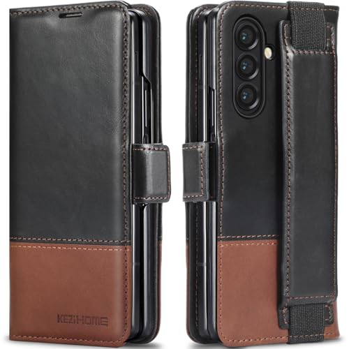 KEZiHOME for Samsung Galaxy Z fold 7 Case Wallet Case with Card Holder[RFID Blocking] Genuine Leather for Z Fold 7 Kickstand Protactive Flip Phone Cover 5G (Black/Brown)