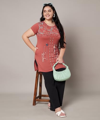 Image of Women Printed Cotton Tshirt with Side Slits & Pocket