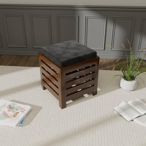 Image of ETIQUETTE ART Cushion Wooden Stool | Foot Stool | Fruit Square Table | Office Bedside Table | For Kitchen With Cotton Cover (Brown & Black), 30 Cm X 30 Centimeters