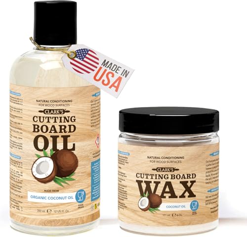 CLARKS Cutting Board Care Kit with Coconut Oil - Includes Butcher Block Oil and Wax - Made with Refined Coconut Oil Natural Beeswax and Carnauba Wax - For Kitchen Countertops and Butcher Blocks