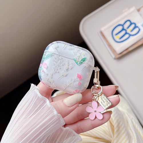 Image of MINSCOSE for AirPods 4 Clear Case,Cute Flowers Leaves Pattern Design with Kawaii Floral Keychain,Soft Silicone Protective Shockproof Cover with Cleaner Kit for Girls Women-Pink