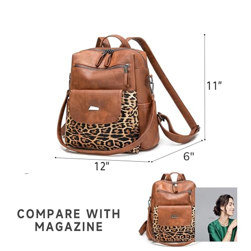 Image of WYFJNX PU Leather Backpack Purse for Women Fashion Multipurpose Design Handbag Ladies Shoulder Bags Travel Backpack Brown with Leopard Print