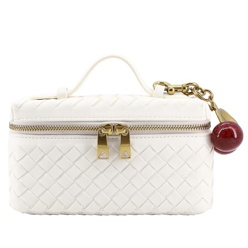 Image of Small Woven Box Crossbody Bags for Women Mini Top Handle Clutch Purse | Designer Leather Square Vanity Bag with Cherry Charm
