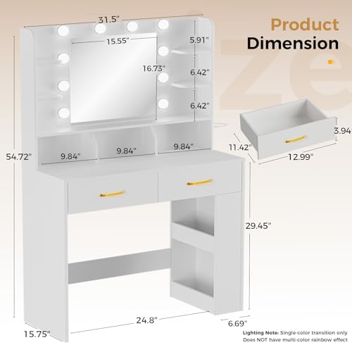 Image of LUCKRACER Vanity Desk with LED Lights Mirror & Charging Station, White Makeup Vanity with Storage Drawers and Shelves, Modern Dressing Table for Women Girls Bedroom, White