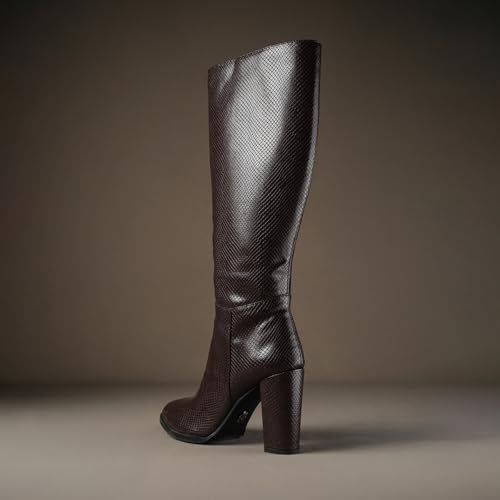 Image of Theater Women Nagini Knee-High Snake Print Boots | Chunky Block Heel & Pointed Toe | Stylish, Trendy, Comfortable Boots for Party, Casual & Fashion Wear