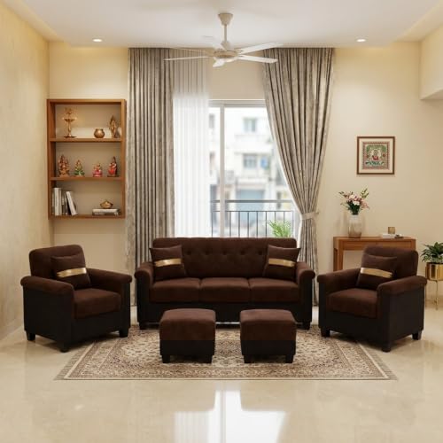 Image of FURNY Woodswave 5 Seater Sofa Set with Velvet Fabric, 3+1+1+2 Puffy Sofa Set for Living Room (Brown-Black) | Durable & Comfortable | Ideal for Living Room