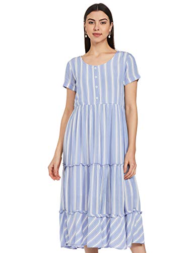 Image of Easybuy Women's Polyester Fit and Flare Below The Knee Dress (WT20FF13LW Blue M)