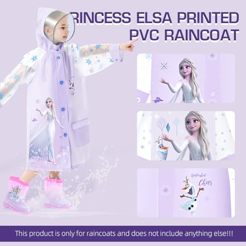 Image of PALAY Rain Coat for Kids Frozen Poncho Raincoat for Kids Girls Boys With Pockets Wide Brim Hooded Poncho Safe School Bag Rain Cover Frozen Elsa print