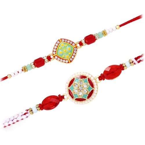 Image of Peora Rakhshabandhan Thread Rakhi for Brother Bhaiya | Kundan Beads & Crystal Studded | Combo Set of 2 | Rakhi Hamper Roli Chawal & Greeting Card