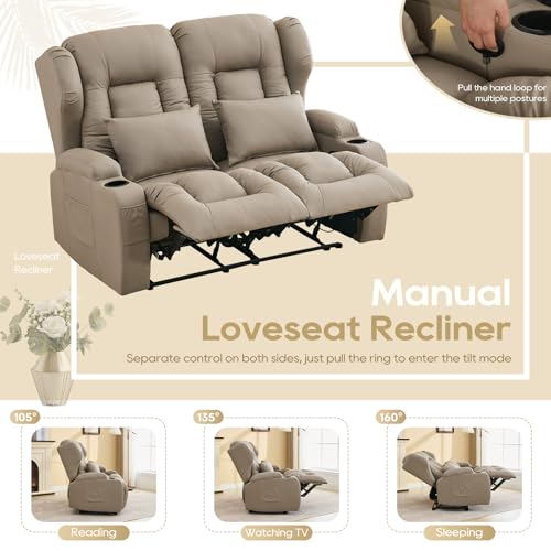 Image of IPKIG 54.2 inch RV Loveseat Recliner Sofa, Leathaire Fabric Wall Hugger Reclining Chair with Cup Holder and Side Pockets, Home Theater Seating Manual Recliner for Living Room (Khaki, Loveseat)