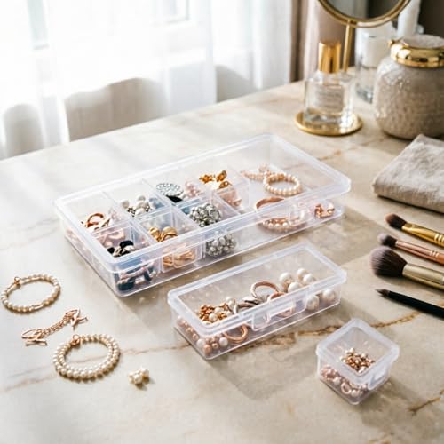 Image of 112 Pieces Mixed Sizes Rectangular Empty Mini Clear Plastic Organizer Box | Hinged Lids, For Small Items, Craft Projects, Bead Organizers