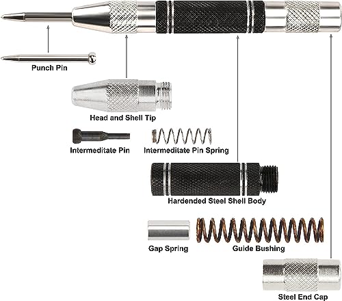 Automatischer Körner 2 Stück Automatik Körner Metall, Automatic Hole Punch, Körner Automatisch mit 2 Ersatzspitzen für Stahl, Holz, Glas, usw.