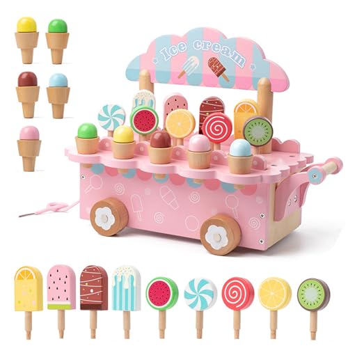 JurciCat Heladeria Juguete Madera Accesorios De Cocina para Juegos De rol con Espacio De Almacenamiento para Niños a Partir De 3 Años Juguetes Educativos Cumpleaños(Rosa)
