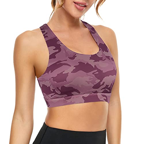 Image of Sports Bras for Women High Impact Support for Yoga Gym Running Workout Fitness Strappy Sports Bra with Padded Removable Cups, Purple Leopard, Large