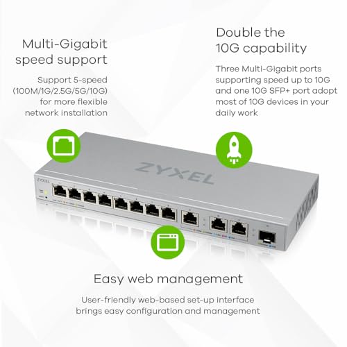 Image of Zyxel 12 Port Web Managed Multi Gigabit Ethernet Switch|3 Port 10G /2.5G and 1 Port 10G SFP+|Plug and Play|Metal Shielded Port|Desktop /Wall Mount|Support QoS,Vlan,IGMP,Link Aggregation (XGS1250-12)